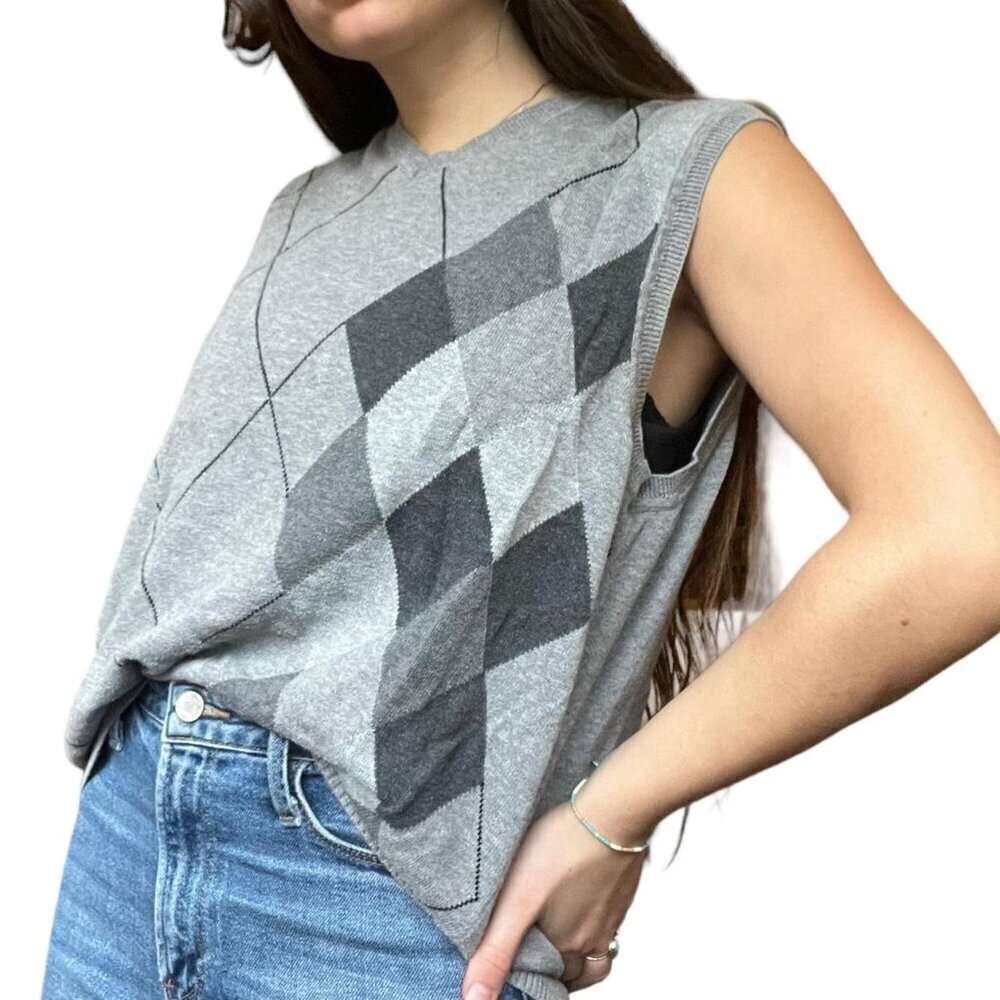 Grey Plaid Oversized Sweater Vest
